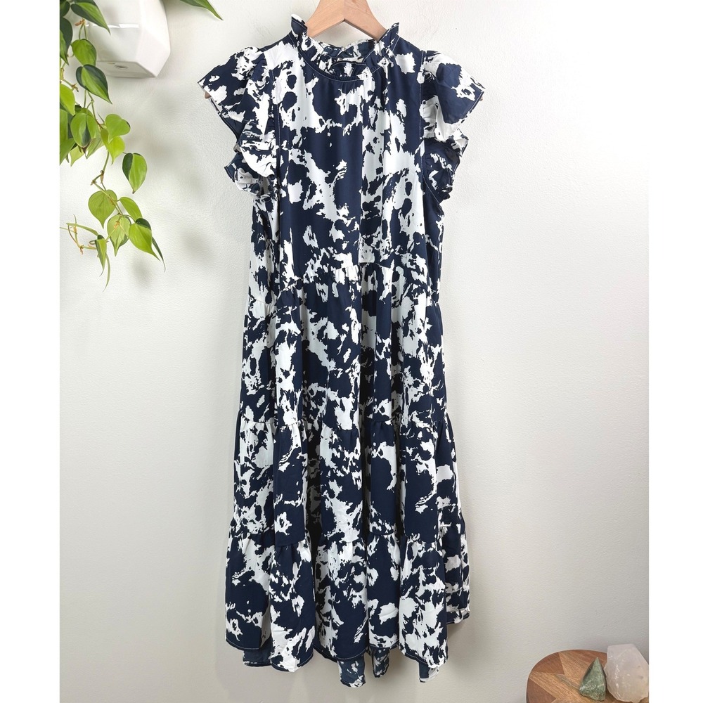 Pinch Navy Blue White Abstract Print Tiered Ruffle Midi Dress Womens S Boho Chic